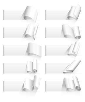 Rolled paper. Set of ten curved corners on white sheets with realistic shadows. Rolled paper