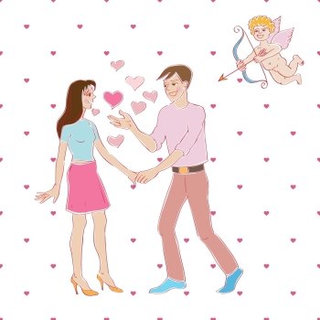 Valentine’s Day card, Love Day cartoon illustration of two lovers meeting and Cupid with bow ahd arrow over a background with hearts