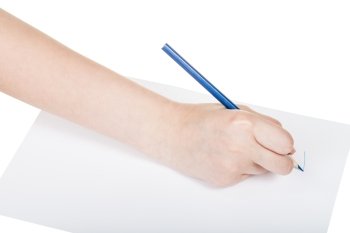 hand draws by blue pencil on sheet of paper isolated on white background