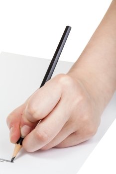 hand paints by black pencil on sheet of paper isolated on white background