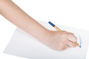 hand drafts by wooden blue pencil on sheet of paper isolated on white background