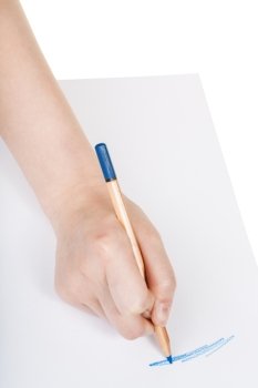 hand draws by wooden blue pencil on sheet of paper isolated on white background