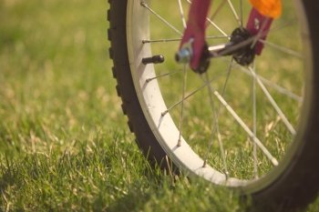 Children’s bicycle on green grass, close up photo
