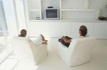 Rear view of a young couple watching television