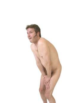Male Nude Covering Himself Comically