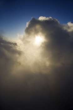 Aerial skyscape of clouds and sun.