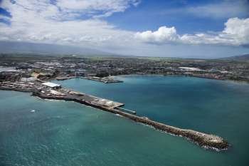 Aerial view of container port on Maui, Hawaii coastline.