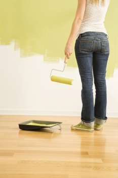 Back view of Caucasian woman holding paint roller with half painted wall.