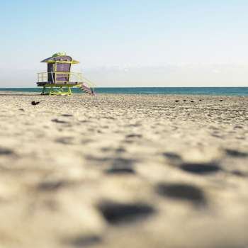 Art deco lifeguard tower on deserted beach in Miami, Florida, USA.