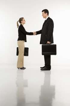 Caucasian mid-adult businessman and woman shaking hands and holding briefcases.