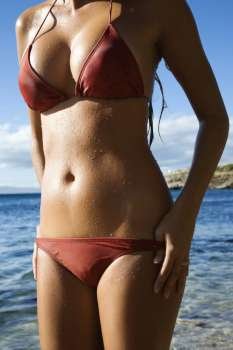 Body shot of young adult Asian Filipino female in bikini on beach in Maui Hawaii.