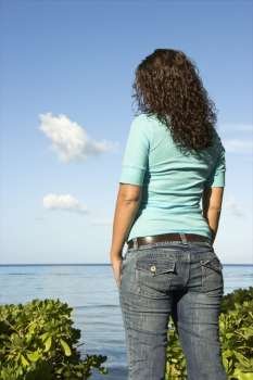 Back view of young adult Caucasian brunette female looking out over body of water.