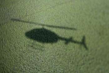 Shadow of helicopter above green marsh with abundant foliage.