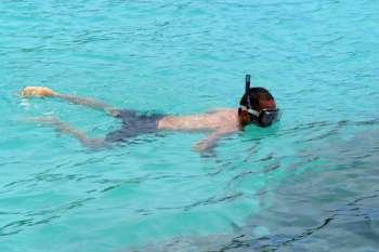Lovers snorkel in the pristine waters of Koh Tao, tranquil, tranquility, tropical, paradise, pristine, tropical, heaven, delight, joy, haven, retreat, sanctuary, oasis, Thailand.