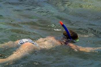 A sexy woman snorkels in the pristine waters of Koh Tao, tranquil, tranquility, tropical, paradise, pristine, tropical, heaven, delight, joy, haven, retreat, sanctuary, oasis, Thailand.