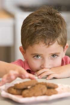 Young boy in kitchen eating cookies