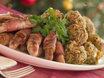 Plate of Pigs in Blankets and Chestnut Stuffing Balls