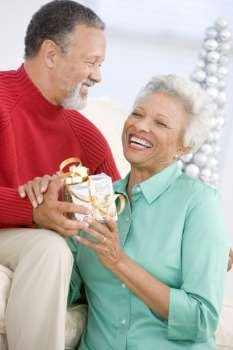 Senior Couple Exchanging A Christmas Gift