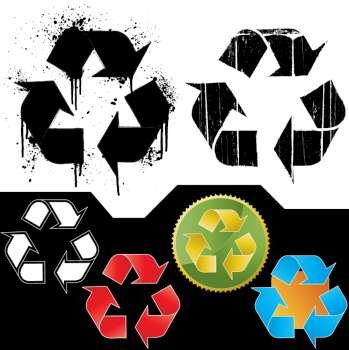 Vector illustrations of six different ecology symbol icons: two isolated grungy icons (splatter and dirt textured - highly detailed) and four symbol icon badges.