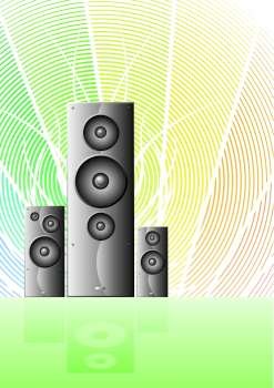 Vector illustration of three detailed gradient speakers with a rainbow cheery theme, lined artwork and an element reflection.