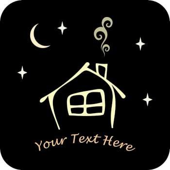 Stylized vector image of the house with a window and a chimney. Black background with moon and stars. Can be used as logotype for your company.