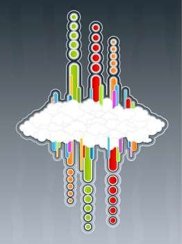 Vector illustration of a retro design element with central copy space on the clouds and funky lined and circle art.