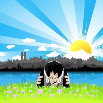Vector illustration of a crazy face listening to music on speakers and headphones and relaxing in a beautiful floral meadow with a stylized urban cityscape sunny background.