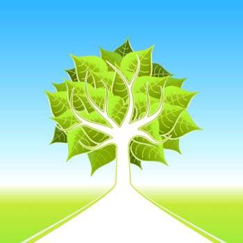 Vector illustration of a stylized ecological tree with big leafs and white path leading on the horizon.
