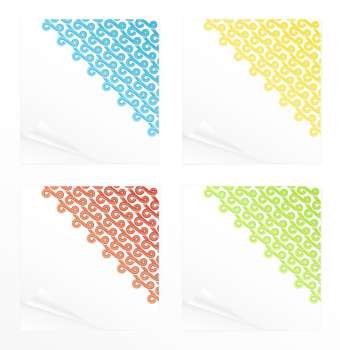 Vector illustration of four differently colored beautiful cute note paper reminders with abstract curly ribbons corners.