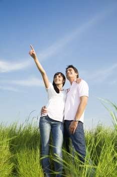 young couple in meadow with hand in air, hugging and smiling. Copy space 