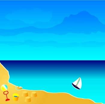 Illustration of a beach seaside resort with toys and sandcastles