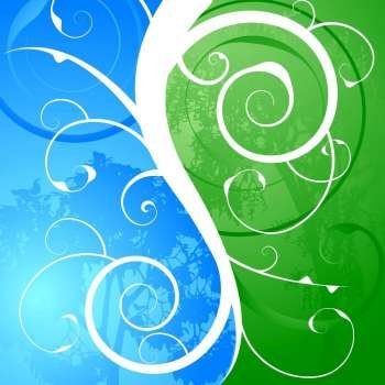 Illustrated natural abstract background in blue and green with a floral design