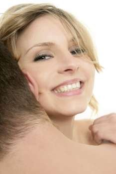 Beautiful blond woman portrait, hug with a man, close up