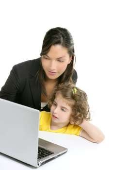 Beautiful mother and daughter with laptop computer on white background