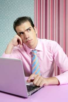 Businessman young thinking on laptop, wallpaper colorful background