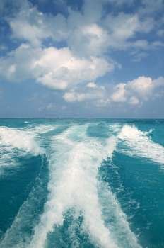 Caribbean blue turquoise sea water boat white wake