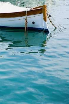 Boat moored in the sea, Italian Riviera, Mar Ligure, Santa Margherita Ligure, Genoa, Liguria, Italy