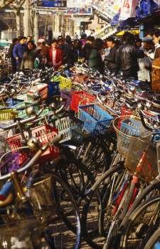 Bicycles in a parking lot, China