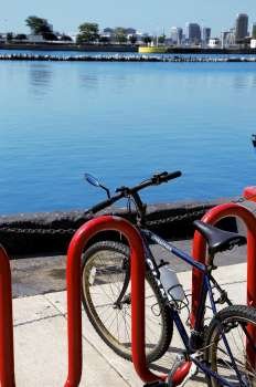 Close-up of a bicycle parked at bicycle rack, Lake Michigan, Chicago, Illinois, USA