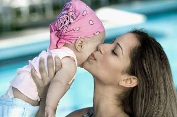 Close-up of a young woman kissing her daughter
