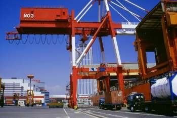 Low angle view of cranes at a port, Nanko Port, Osaka, Japan