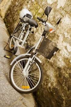 Bicycle parked near a wall, Sorrento, Sorrentine Peninsula, Naples Province, Campania, Italy
