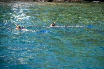 Two people snorkeling in the sea, Captain Cook´s Monument, Kealakekua Bay, Kona Coast, Big Island, Hawaii islands, USA