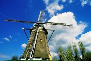 Low angle view of a traditional windmill, Leiden, Netherlands