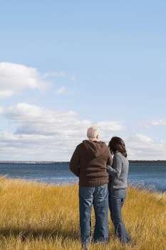 Rear view of a couple standing on the beach with arm in arm