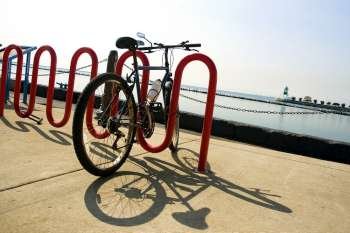 Bicycle parked at a bicycle rack, Lake Michigan, Chicago, Illinois, USA