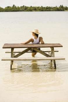 Rear view of a teenage girl sitting on a wooden bench on the beach