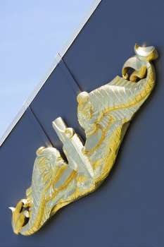 Close-up of a golden sculpture on the top of a building, Pearl Harbor, Honolulu, Oahu, Hawaii Islands, USA