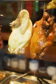 Close-up of chickens hanging in a restaurant
