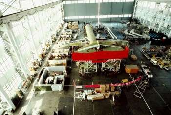High angle view of a passenger craft in an airplane factory, Shanghai, China